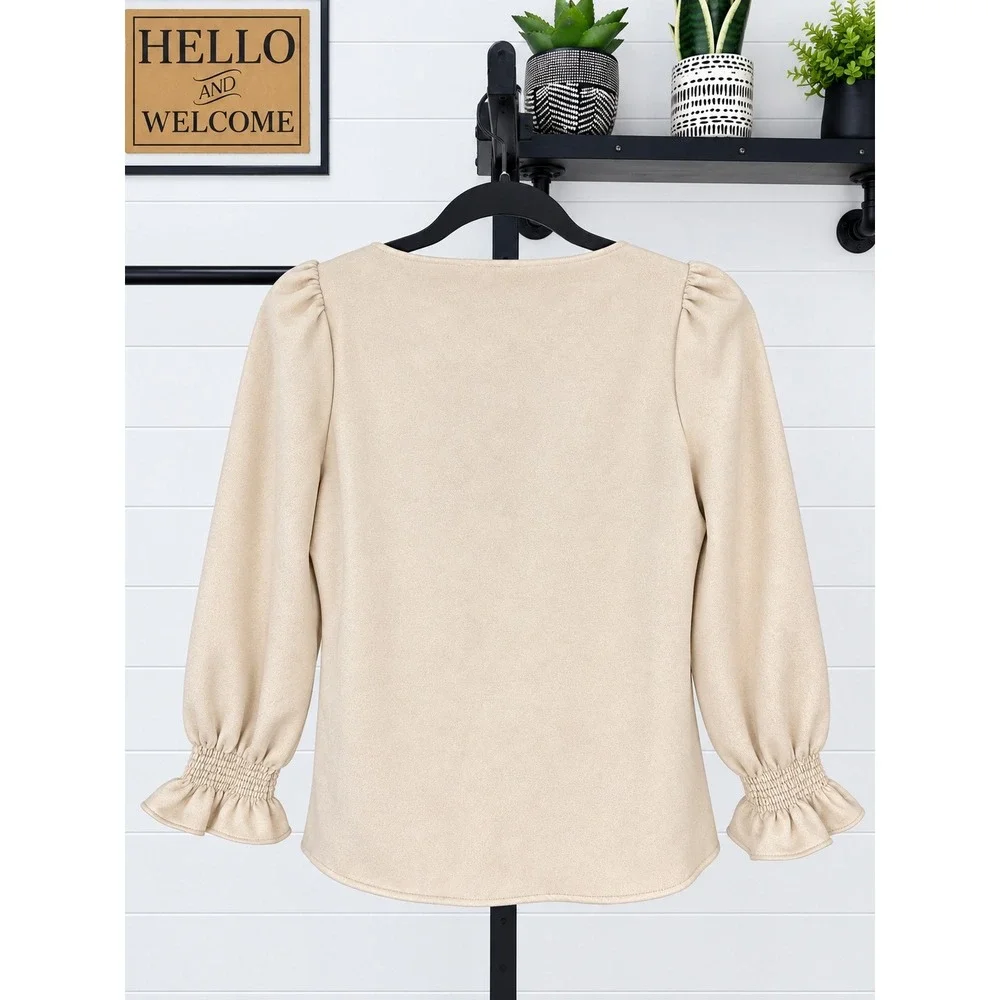 Tuckernuck Bone Faux Suede Puff Sleeve Vneck Blouse (MSRP: $128) XS